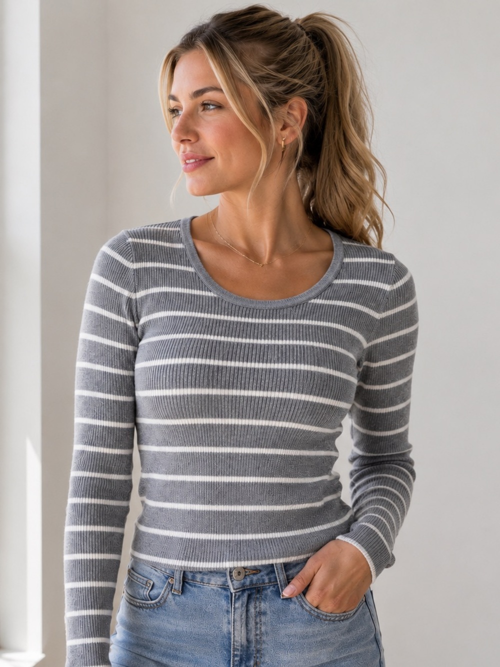 GAP Heather Gray Striped Sweater